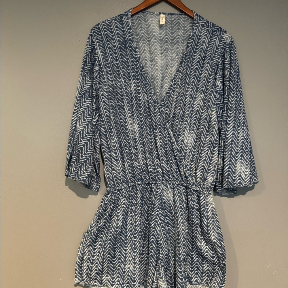Elan Blue and White Patterned Swim Coverup Romper - Picture 8 of 9